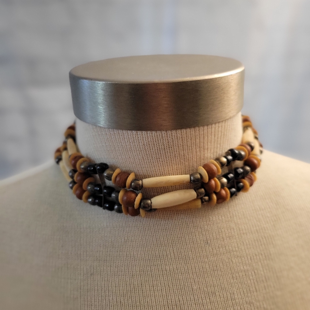 Choker Style Wooden Bone Beaded Necklace